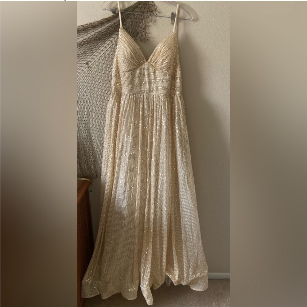 Elegant Gold Tone Sequin Gown with Lace-Up Back & Pockets